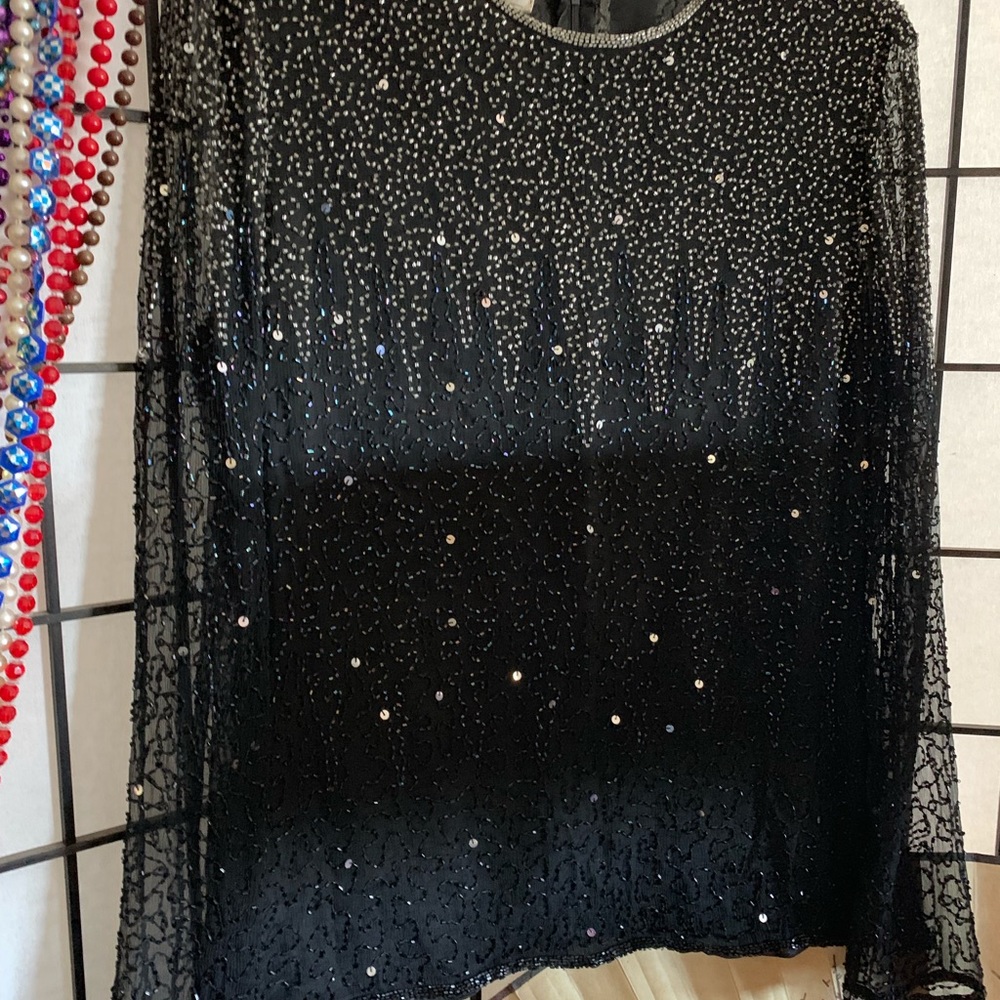 EUC Stenay Black Silk Beaded Blouse Sheer Sleeves Size Medium